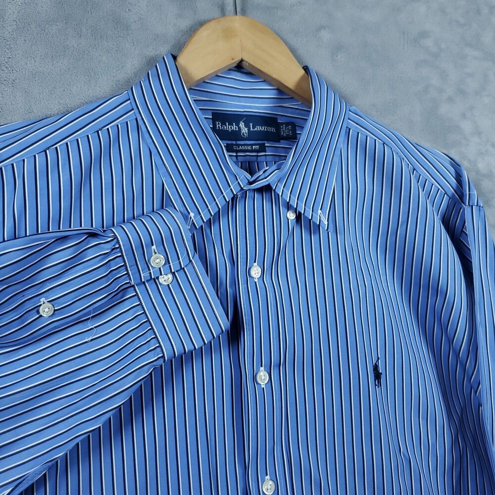 POLO RALPH LAUREN Men's 17.5 Button-Down Striped Dress Shirt Blue XL Preppy